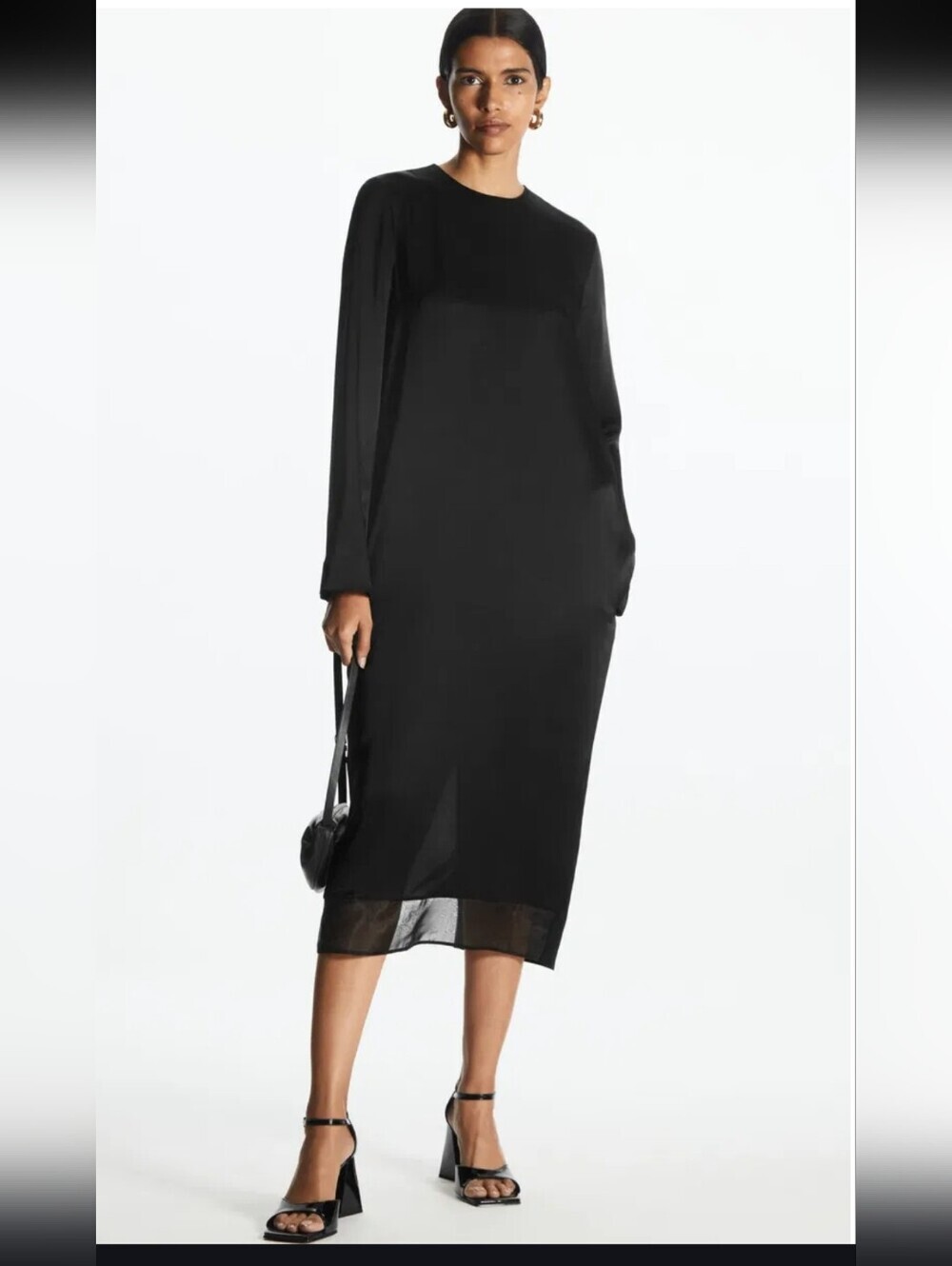 COS Black Sheer Hem Shift Dress Long Sleeve Minimalist Midi Size 10